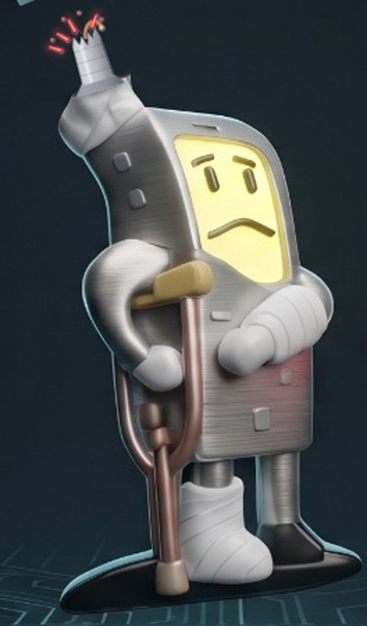 Mascota de Hospital Celular: un celular con vendajes y muletas, listo para su diagnóstico